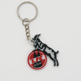 Nahaufnahme des 1. FC Köln Schlüsselanhängers mit feiner 3D-Druckstruktur und Metallkette