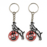 1. FC Köln Schlüsselanhänger aus PLA 3D-Druck in Rot und Weiß auf hellem Hintergrund