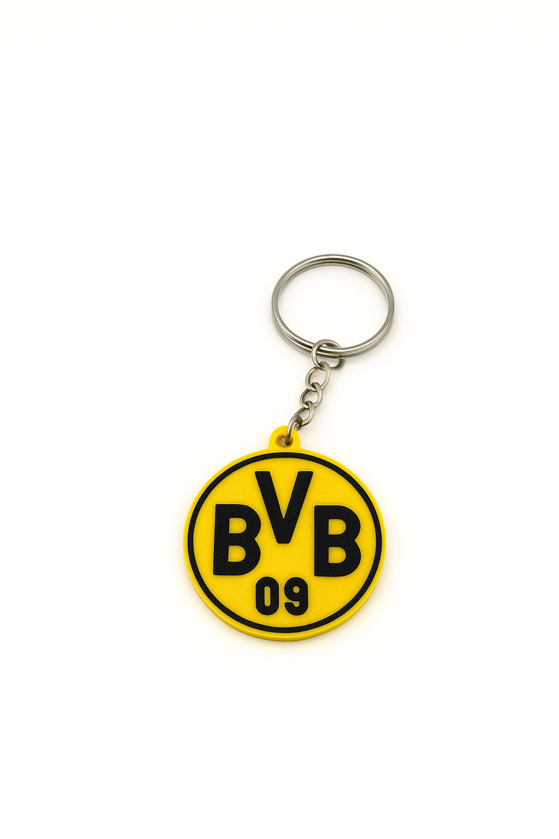 Borussia Dortmund Schlüsselanhänger aus PLA 3D-Druck in Gelb und Schwarz auf weißem Hintergrund