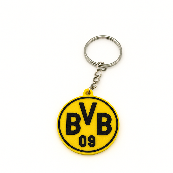 Borussia Dortmund Schlüsselanhänger aus PLA 3D-Druck in Gelb und Schwarz auf weißem Hintergrund