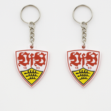 Nahaufnahme des VfB Stuttgart Schlüsselanhängers mit feiner 3D-Druckstruktur und Metallkette