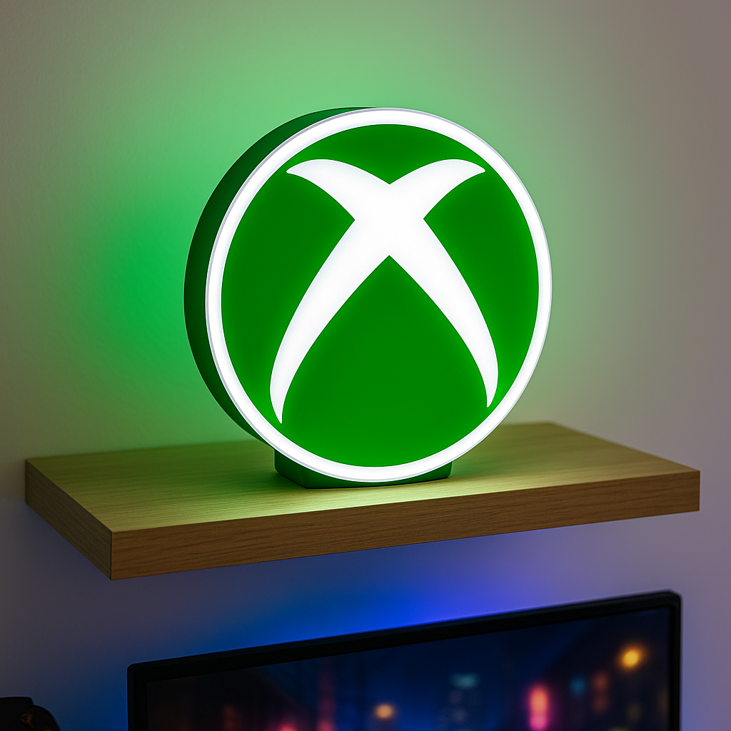 Xbox LED-Lampe auf einem Schreibtisch neben Controller und Gaming-Zubehör