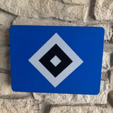 „Leuchtende HSV-Lampe in Blau, Weiß und Schwarz mit Vereinsdiamant.“