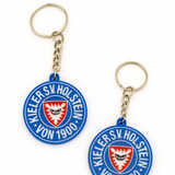 Holstein Kiel Schlüsselanhänger aus PLA 3D-Druck in Blau-Weiß-Rot auf hellem Hintergrund