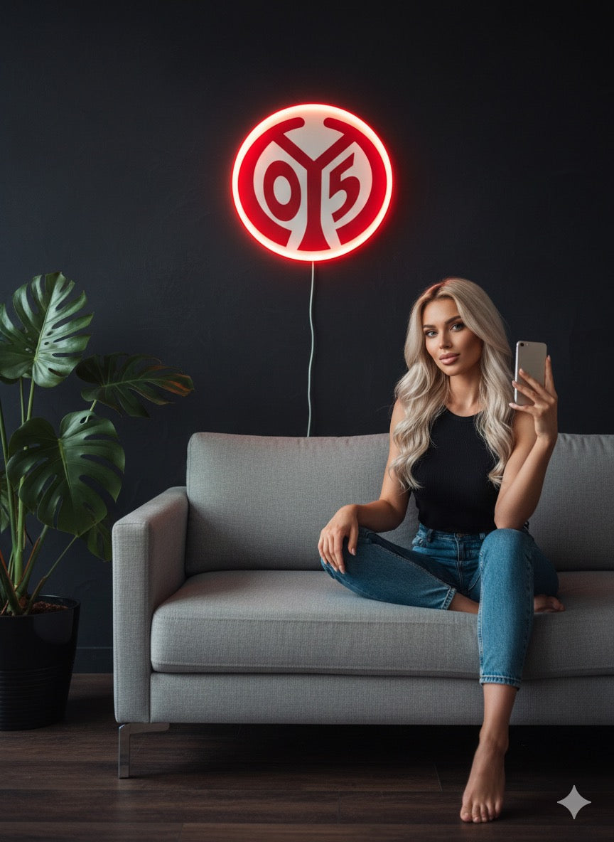 „Leuchtende Lampe im Mainz-05-Design mit rot-weißem Vereinslogo.“