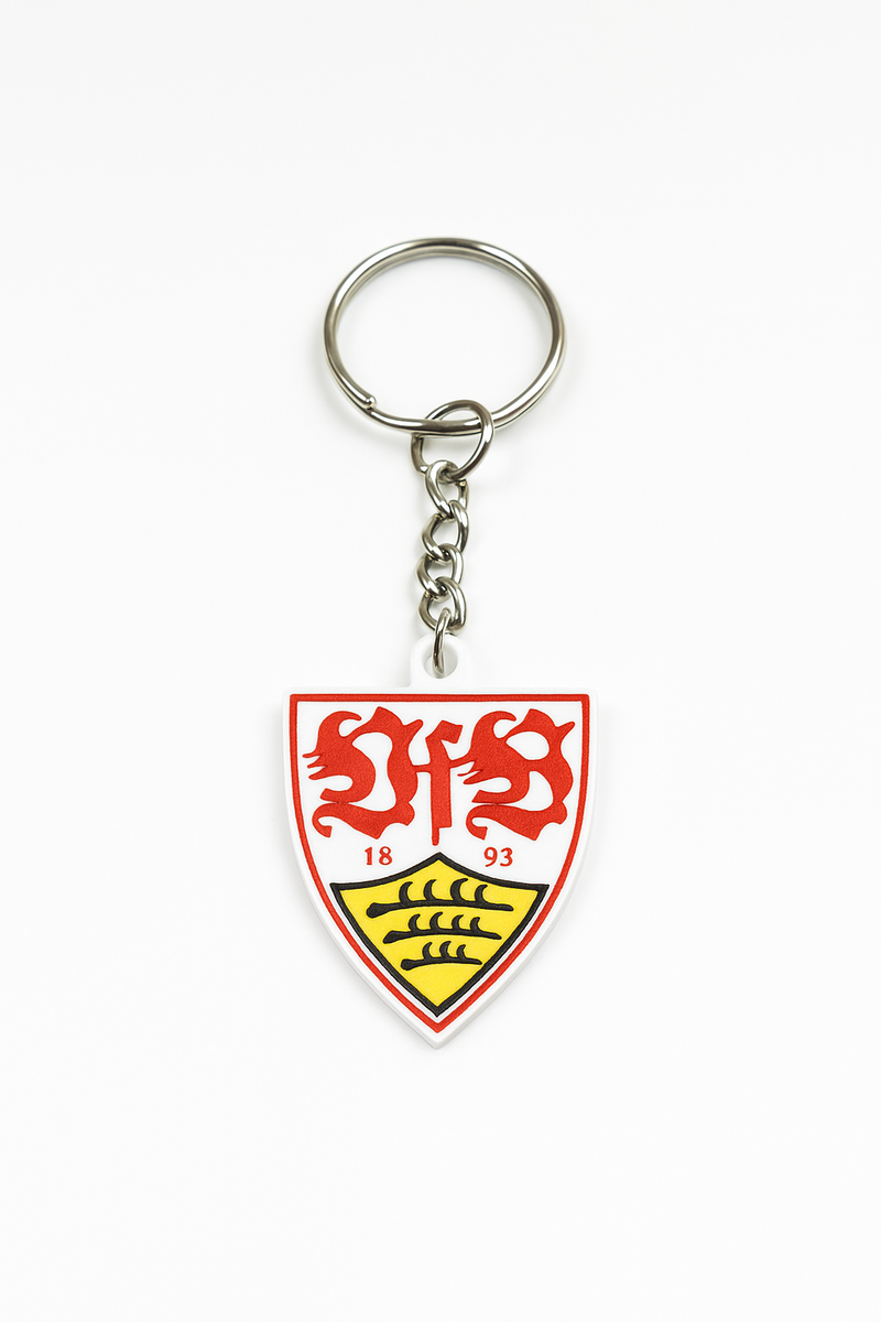 VfB Stuttgart Schlüsselanhänger aus PLA 3D-Druck in Rot und Weiß auf hellem Hintergrund