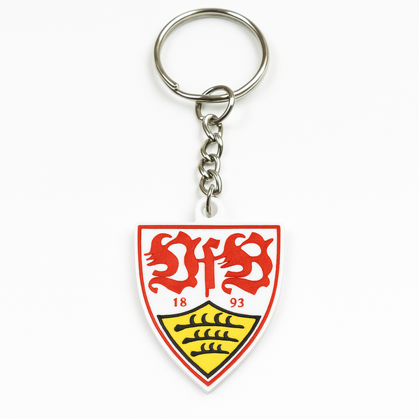 VfB Stuttgart Schlüsselanhänger aus PLA 3D-Druck in Rot und Weiß auf hellem Hintergrund