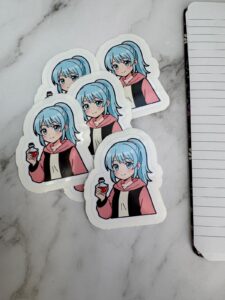 Anime Sticker – Manga Girl mit Fläschchen | 10 cm, wasserfest, 3 cm Peel-Rand
