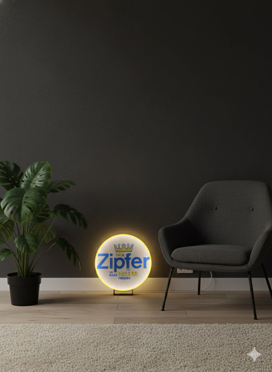 Runde Zipfer LED-Lampe in 23 cm, 3D-gedrucktes Bier-Logo, Frontansicht