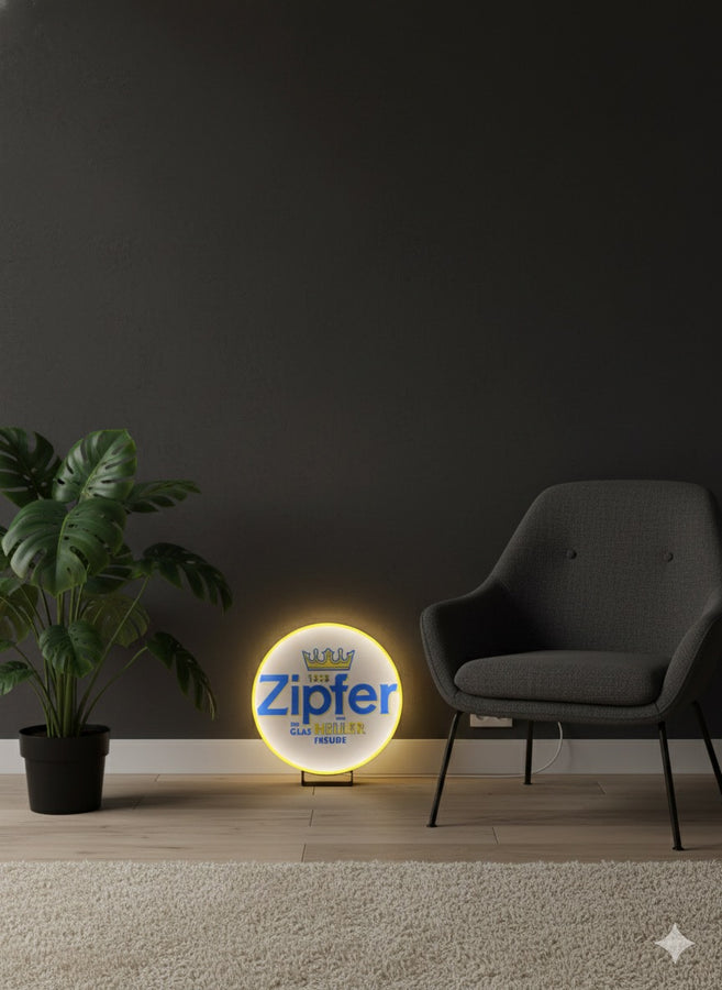 Runde Zipfer LED-Lampe in 23 cm, 3D-gedrucktes Bier-Logo, Frontansicht